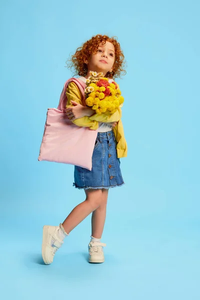 Portrait Cute Stylish Little Girl Child Curly Red Hair Posing — Stock Photo, Image