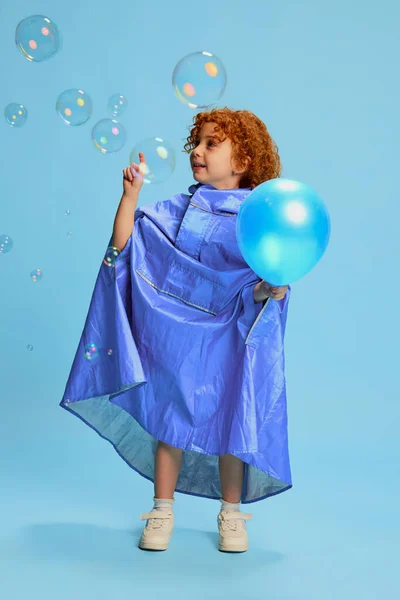 Portrait Cute Little Girl Child Curly Red Hair Playing Bubbles — Stock Photo, Image