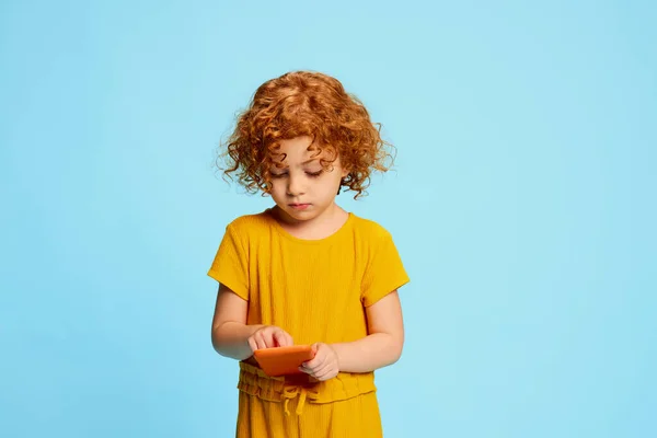 Portrait Cute Little Girl Child Curly Red Hair Posing Playing — Stock Photo, Image