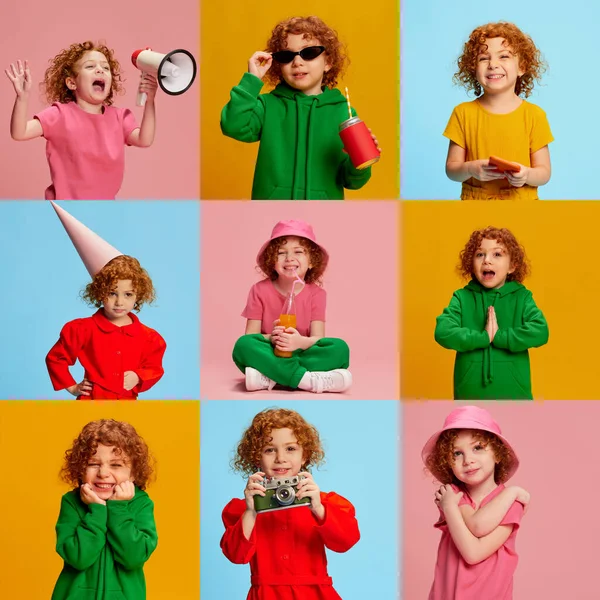 Colagem Retratos Menina Bonito Criança Roupas Diferentes Posando Isolado Sobre — Fotografia de Stock