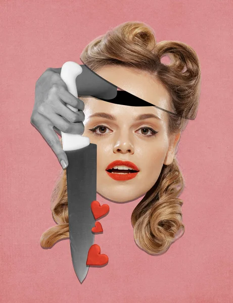 Contemporary Art Collage Creative Design Hand Knife Appearing Beautiful Womans — Stock Photo, Image