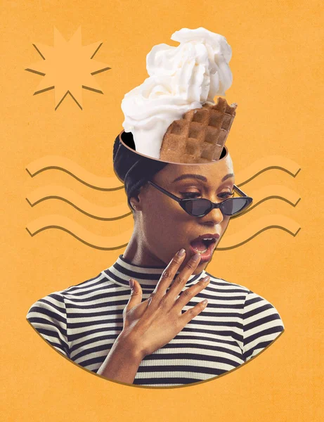 Сучасне Мистецтво Колаж Творчий Дизайн Молода Стильна Жінка Таненням Морозива — стокове фото