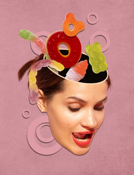 Collage Arte Contemporáneo Diseño Creativo Mujer Joven Con Muchos Caramelos — Foto de Stock
