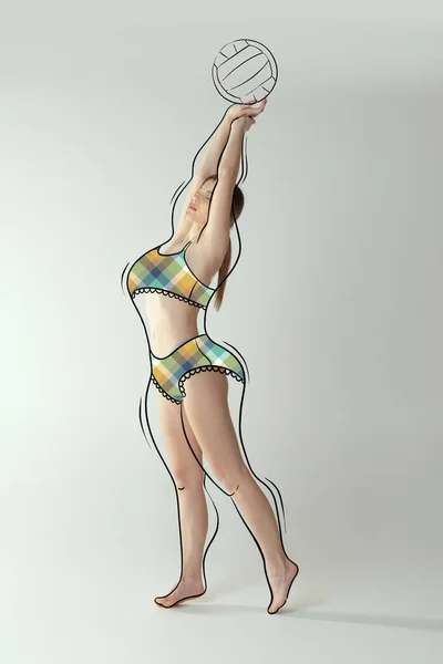 沙滩排球 年轻迷人的女人穿着灰色背景的内衣裤 在身体周围画运动器材和超重线 健康饮食 健身的概念 — 图库照片