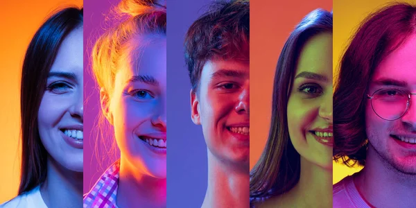Çeşitlilik Genç Insanların Portreleri Neon Işıkta Farklı Duygular Ifade Eden — Stok fotoğraf