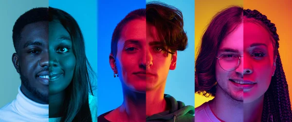 多样性 在彩色霓虹灯背景下孤立的男性和女性面部的恐怖合成图像 心理健康 三面六面模型 — 图库照片