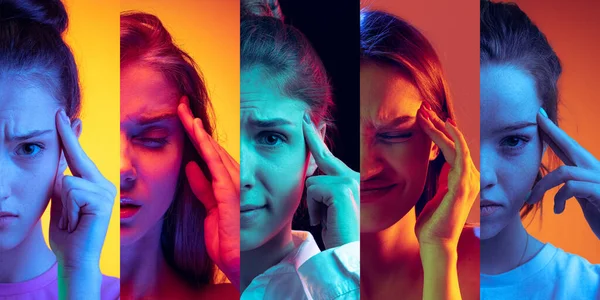 Kipu Ongelmat Rajatut Muotokuvia Nuoria Naisia Joilla Päänsärky Eristetty Yli — kuvapankkivalokuva
