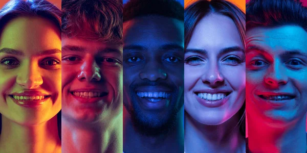 Mutluluk Genç Duygusal Insanların Yakın Plan Portreleri Neon Işıkta Farklı — Stok fotoğraf