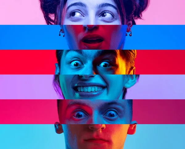 驚きと衝撃だ 色のネオンの背景に孤立した顔の男性と女性の部分の垂直複合画像 人間の感情心理精神衛生 3つの顔と6つのモデル — ストック写真