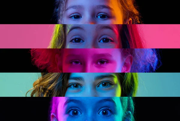 Charmante Mädchen Collage Von Close Kinderaugen Isoliert Auf Farbigem Neon — Stockfoto