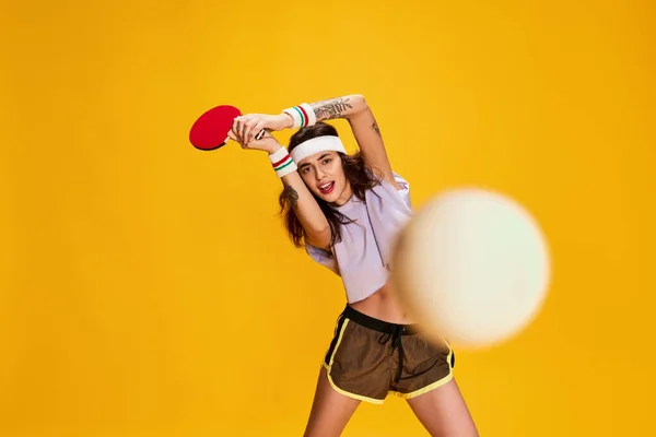 Portrait Young Emotive Girl Posing Playing Table Tennis Isolated Yellow — Stock Photo, Image