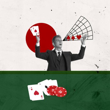 Çağdaş sanat kolajı. Yaratıcı tasarım. Takım elbiseli bir adam kumarhanede poker oynuyor. Çevrimiçi bahis, riskli oyun. Oyun konsepti, hobi, boş zaman, entelektüel oyun stratejisi, yaratıcılık