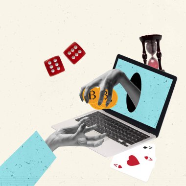 Çağdaş sanat kolajı. Yaratıcı tasarım. Para kazanmak için online oyunların, kumarhanenin ve pokerin popülaritesi. Bahisler. Kumar oynuyorum. Oyun konsepti, hobi, boş zaman, entelektüel oyun stratejisi, yaratıcılık