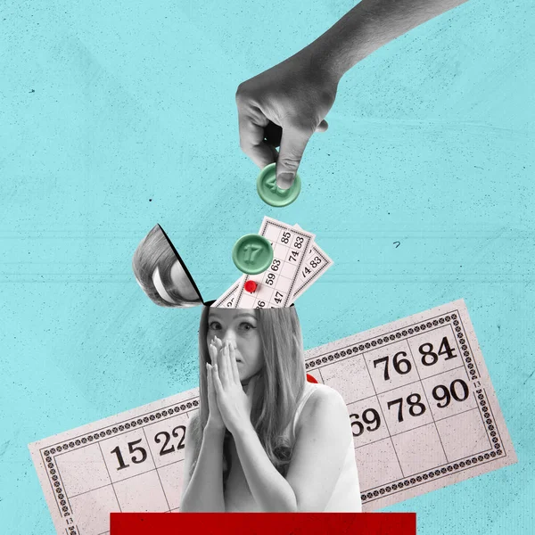 Contemporary Art Collage Creative Design Young Emotive Woman Playing Lotto — Stock Photo, Image