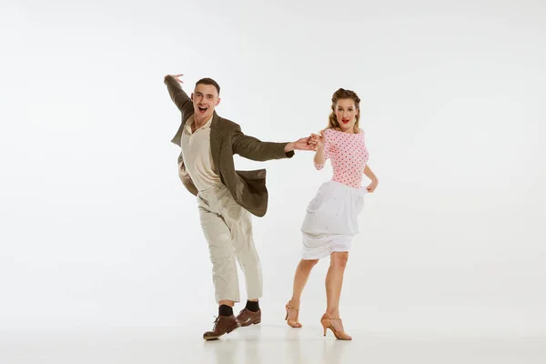 Dos Bailarines Emocionales Ropa Estilo Vintage Bailando Swing Dance Rock — Foto de Stock