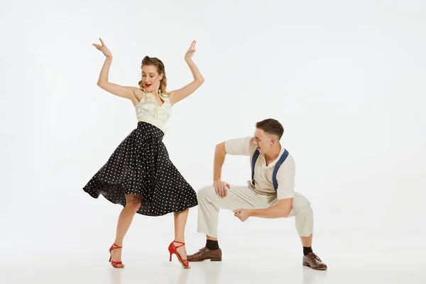 Two Emotional Dancers Vintage Style Clothes Dancing Swing Dance Rock — Stock Photo, Image