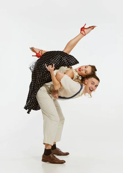 Boldog Kifejező Profi Táncosok Évekbeli Amerikai Divat Stílusú Ruhák Tánc — Stock Fotó