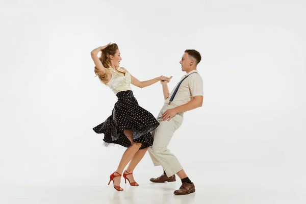Dos Bailarines Emocionales Ropa Estilo Vintage Bailando Swing Dance Rock — Foto de Stock