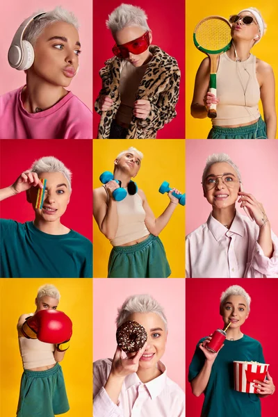 Collage Porträts Von Jungen Stilvollen Mädchen Lässiger Kleidung Posieren Isoliert — Stockfoto
