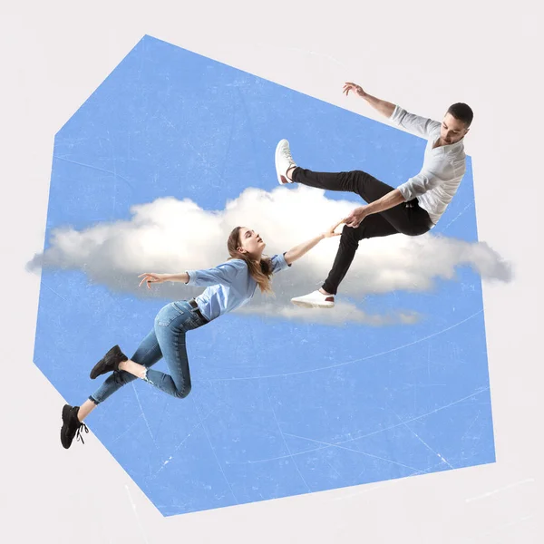 現代美術のコラージュ 創造的なデザイン 男と女が空を飛ぶ 空気中の愛 感情のフライ 内なる世界 シュールレアリズムの概念 考える 抽象美術 — ストック写真