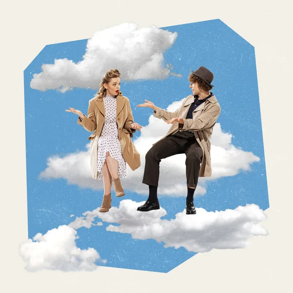 Contemporary art collage. Creative design. Young stylish couple, man and woman sitting on clouds and talking. Date. Concept of inner world, dreams, feelings, surrealism, think. Abstract art