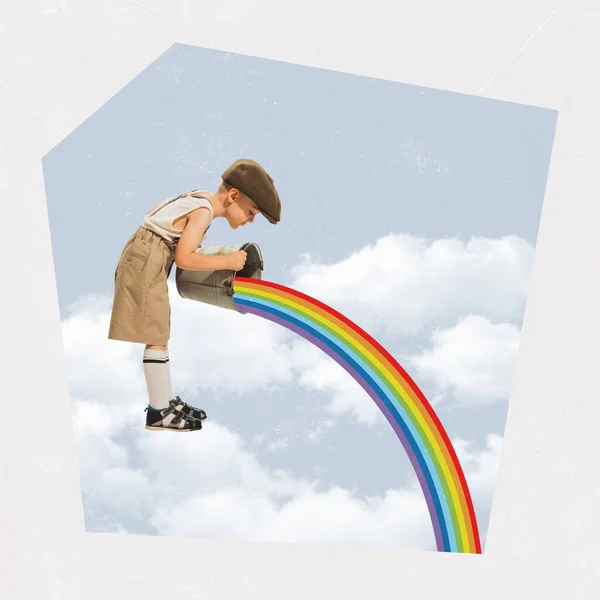 現代美術のコラージュ 創造的なデザイン 小さな男の子 子供のバスケットから雲に虹を注ぐ 気分がいい 内なる世界 シュールレアリズムの概念 考える 抽象美術 — ストック写真