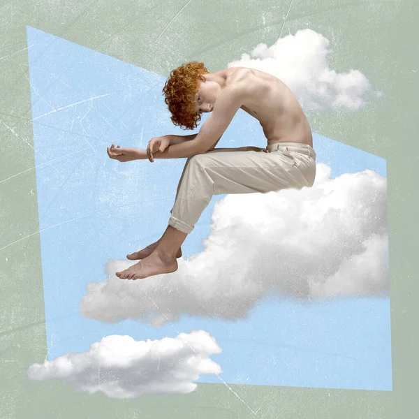 Коллаж Современного Искусства Творческий Дизайн Мальчик Сидит Облаке Думает Скрытые — стоковое фото