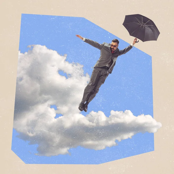 Коллаж Современного Искусства Творческий Дизайн Стильный Бизнесмен Летающий Зонтиком Среди — стоковое фото