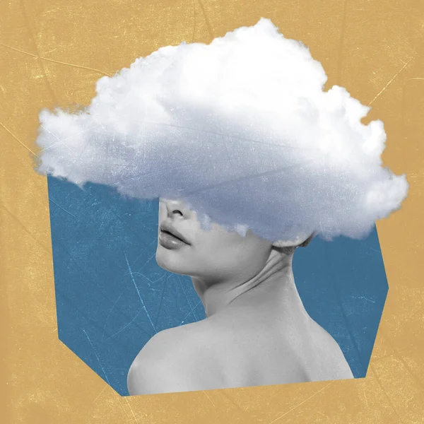 当代艺术拼贴 创意设计 年轻女人的头在云中 个人的想法 心理学 内在世界的概念 超现实主义 抽象艺术 — 图库照片