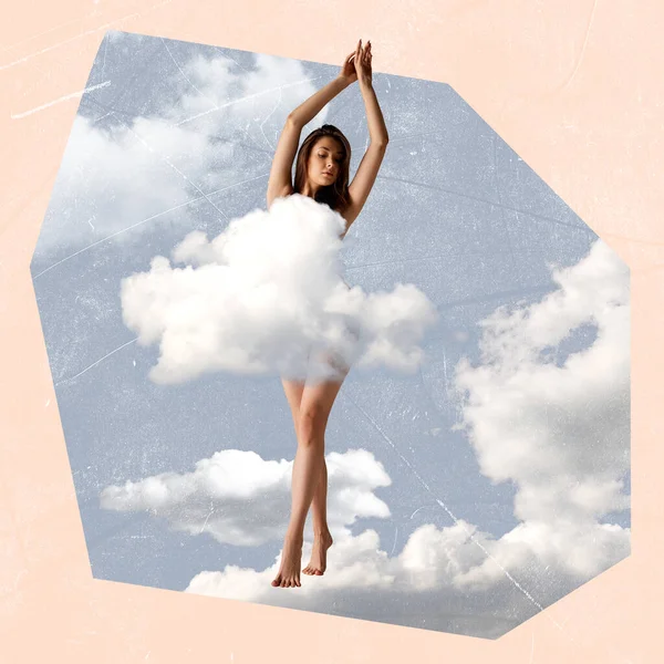 stock image Contemporary art collage. Creative design. Tender young girl covered into cloud and posing. Sensuality and self-care. Concept of inner world, dreams, feelings, surrealism, think. Abstract art