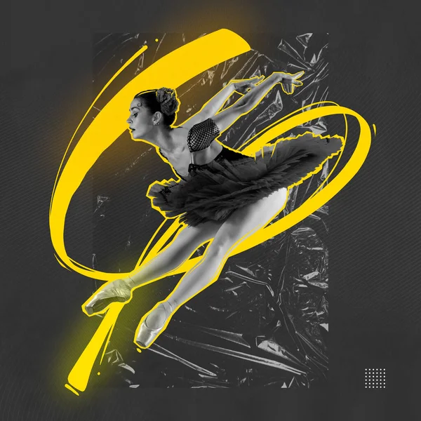 Creatieve Poster Met Portret Van Sierlijke Balletdanser Podiumkostuum Beweging Grijze — Stockfoto