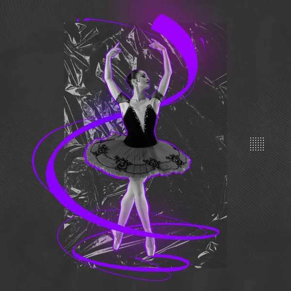 舞台衣装に身を包んだ優雅なバレエダンサーのポートレートが描かれた創造的なポスター 現代美術 ファッション ダンスの概念 — ストック写真