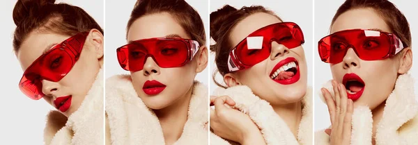 Yüksek Moda Cildi Bakımlı Şık Kırmızı Gözlük Takan Canlı Duygularını — Stok fotoğraf