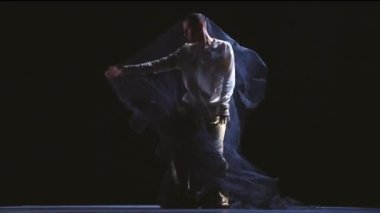 Parlak spot ışıklarıyla stüdyonun karanlığında şeffaf kumaşla dans eden genç adamın tek kişilik performansı. Modrn sanatı, aksiyon, dans, müzik, duygular, enerji. Video, 4k