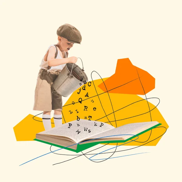 Contemporary art collage. Little boy, child pouring letters from basket into book. Reading homework. Concept of education, childhood lifestyle, book reading, discovery, artwork and ad
