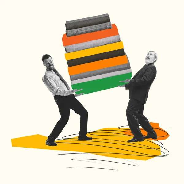 Colagem Arte Contemporânea Dois Homens Carregando Muitos Livros Professores Escola — Fotografia de Stock