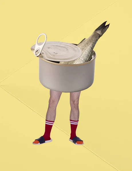 Contemporary Art Collage Male Legs Socks Slippers Canned Fish Body — Stock Photo, Image