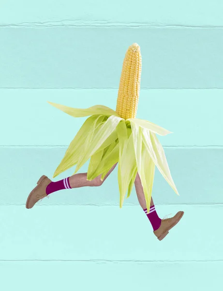 Colagem Arte Contemporânea Pernas Masculinas Meias Brilhantes Com Corpo Milho — Fotografia de Stock