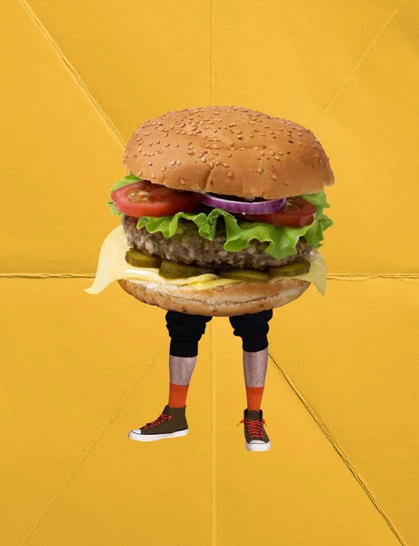 Collage Zeitgenössischer Kunst Männliche Beine Turnschuhen Mit Leckerem Burger Körper — Stockfoto