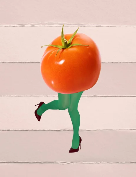 Hedendaagse Kunst Collage Benen Groene Panty Met Tomatenbody Dansen Vegetariër — Stockfoto