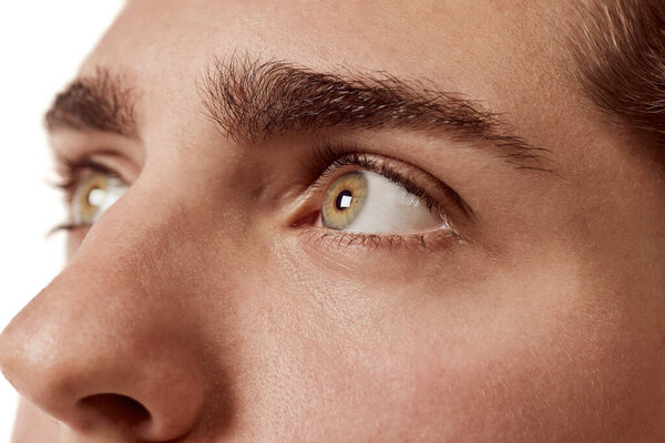 Close-up image of male green eyes of young man isolated over white background. Looking up. Concept of vision, healthcare, medicine, mans beauty. Copy space for ad