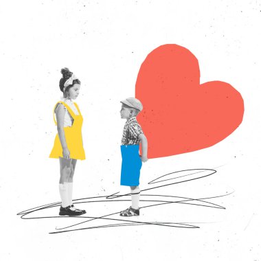 Çağdaş sanat kolajı. Küçük tatlı çocuk küçük kıza vermek için koca sevgilisinin arkasına saklanıyor. Eğlenceliydi. Aşk kavramı, çocukluk, sevgililer günü, romantizm, duygular. Poster, reklam