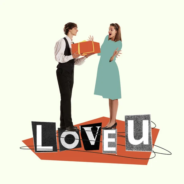 現代美術のコラージュ 男は彼の素敵な驚きのガールフレンドにプレゼントを与える 記念日だ 家族だ バレンタインデー ロマンス 感情の概念 ポスター — ストック写真