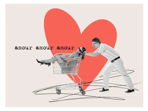 Contemporary Art Collage Man Carrying Beautiful Woman Sitting Shopping Trolley — Stock Photo, Image