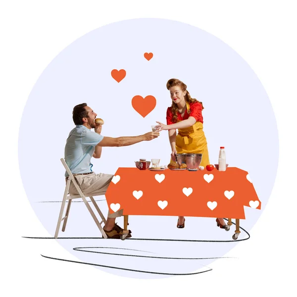 当代艺术拼贴 可爱的年轻夫妇一起吃饭 女人为男人提供美味的早餐 爱的概念 情人节 — 图库照片