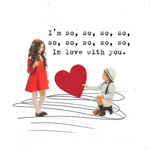 Colagem Arte Contemporânea Menino Bonito Criança Joelho Dando Valentine Para — Fotografia de Stock