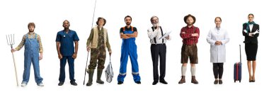 Farklı mesleklerden bir grup insan beyaz arka planda sırada bekliyor. Aşçı, balıkçı, doktor, çiftçi, bahçıvan, öğretmen, profesör, nalbant, hostes. İşgal kavramı