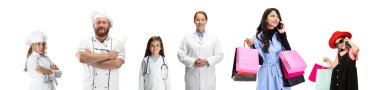 Farklı meslekleri olan, beyaz arka planda izole edilmiş bir sürü farklı insan. Şef, doktor, alışveriş hastası. Yetişkinler ve çocuklar. Meslek, hobi, eğitim, yaşam tarzı kavramı