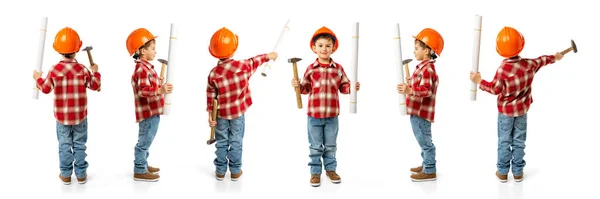 Коллаж Счастливый Маленький Мальчик Ребенок Образе Строителя Оранжевом Защитном Шлеме — стоковое фото