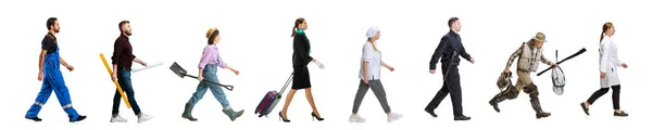 Set Different People Different Professions Walking Line White Background Mechanic — Stock Photo, Image